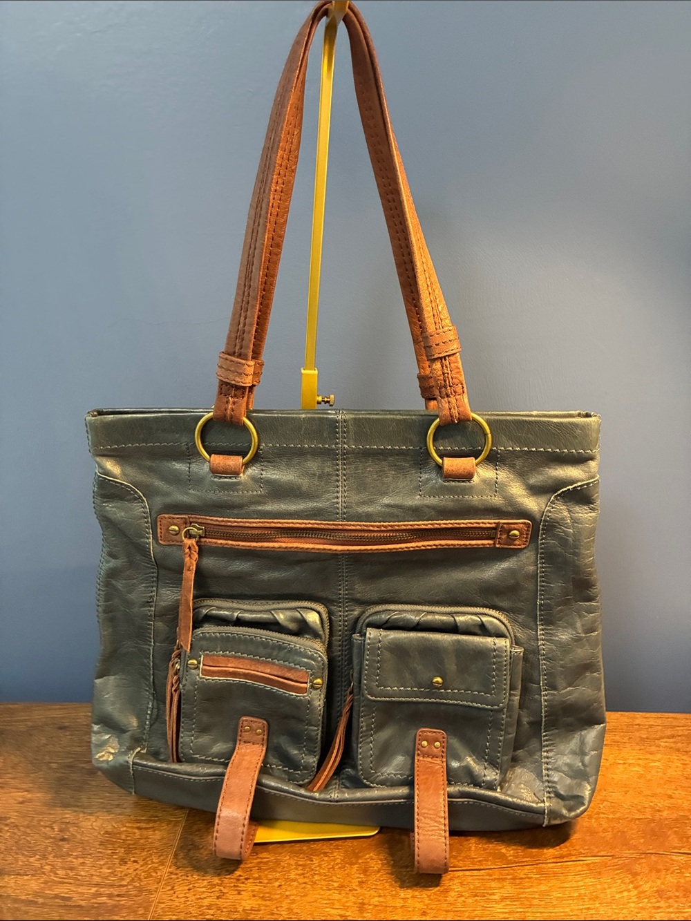 Sakroots Two-Tone Leather Tote Bag in Slate Blue and Cognac